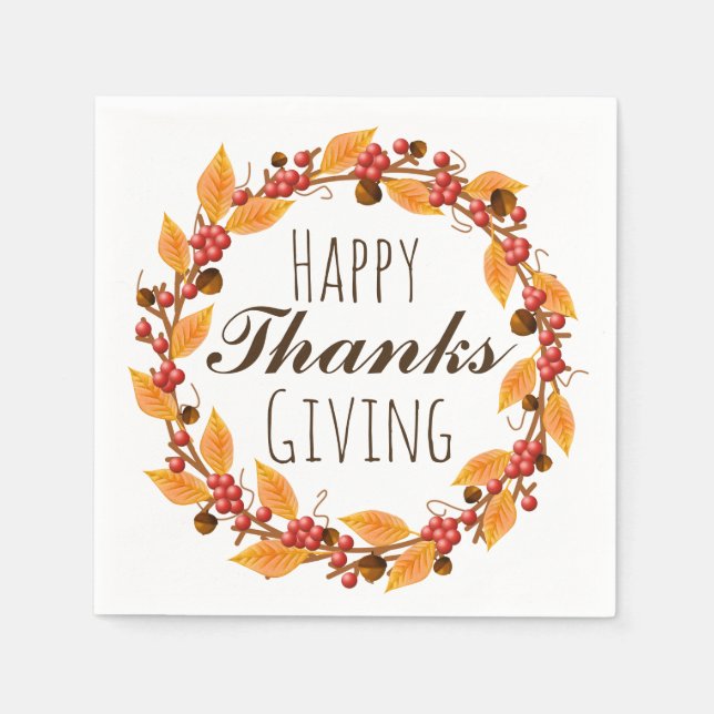 Happy Thanksgiving Fall Autumn Leaves Wreath Napkin (Front)