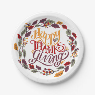 Happy Thanksgiving  Fall Autumn Leaves Wreath Paper Plate