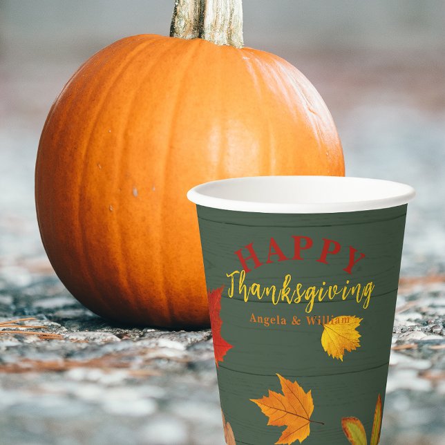 Happy Thanksgiving Fall Colourful Foliage On Wood Paper Cups (Creator Uploaded)