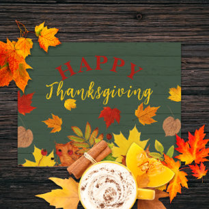 Happy Thanksgiving Fall Colourful Foliage On Wood Postcard