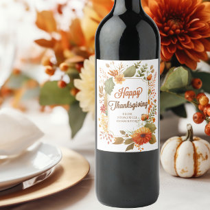 Happy Thanksgiving Fall Flowers Custom Business Wine Label