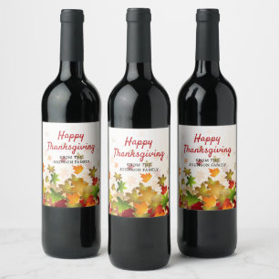Happy Thanksgiving Fall Leaves Personalised Name Wine Label