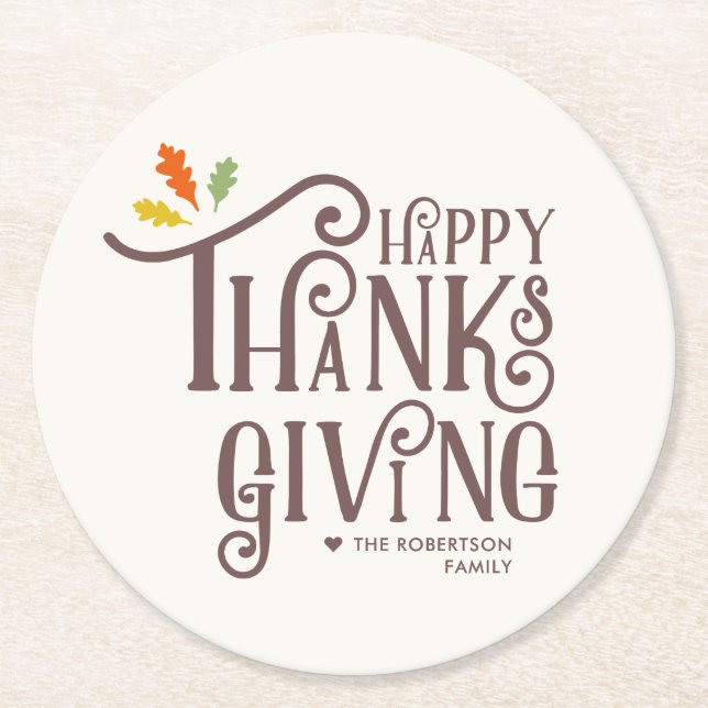 Happy Thanksgiving | Fall Leaves Round Paper Coaster (Front)