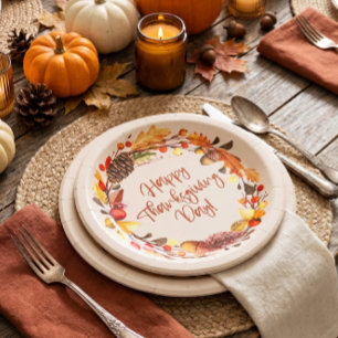 Happy Thanksgiving Fall Leaves Wreath Party Decor Paper Plate