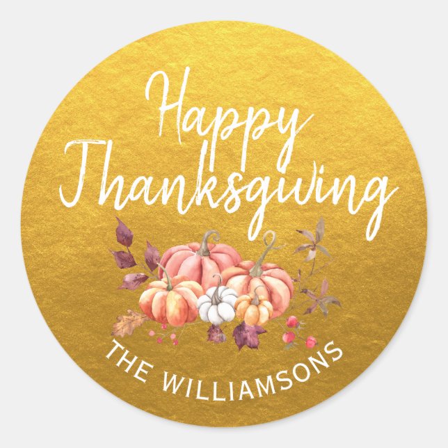 Happy Thanksgiving Fall Pumpkin Classic Gold Round Sticker (Front)