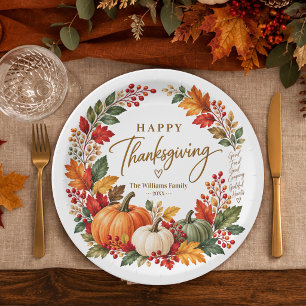 Happy Thanksgiving Fall Pumpkin Family Name Paper Plate