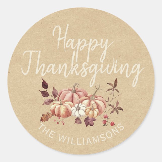 Happy Thanksgiving Fall Pumpkin Kraft Paper Classic Round Sticker (Front)