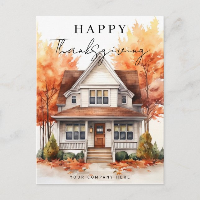Happy Thanksgiving Fall Watercolor House Realty Holiday Postcard (Front)