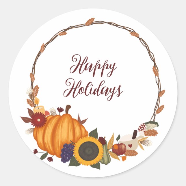 Happy Thanksgiving Fall Wreath Classic Round Sticker (Front)