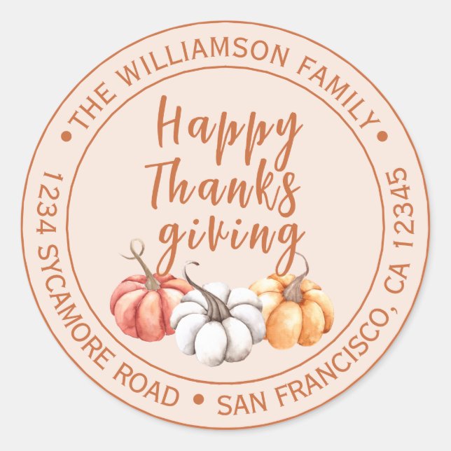 Happy Thanksgiving Family Name Return Address Classic Round Sticker (Front)