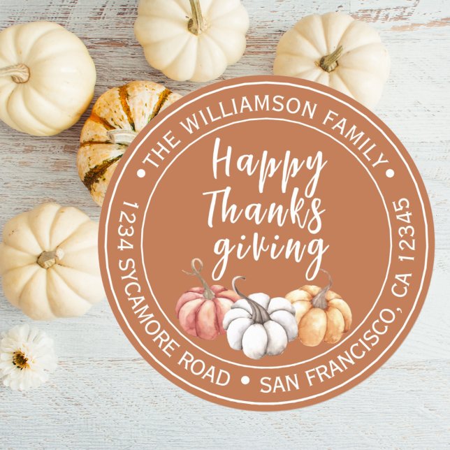 Happy Thanksgiving Family Name Return Address Classic Round Sticker (Creator Uploaded)