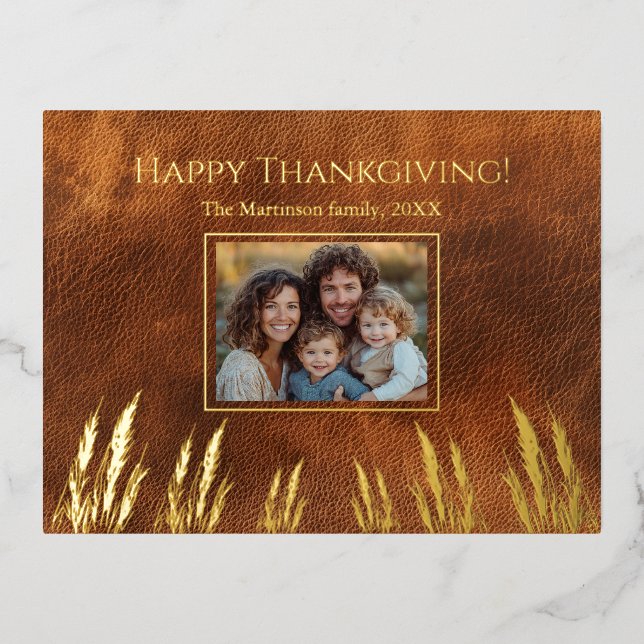 Happy Thanksgiving Family Photo  Foil Holiday Postcard (Front)