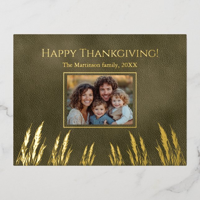 Happy Thanksgiving Family Photo Green Foil Holiday Postcard (Front)