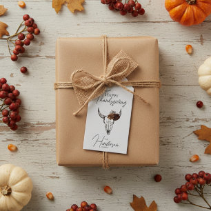Happy Thanksgiving Floral Cow Skull Fall Harvest Gift Tags