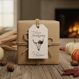 Happy Thanksgiving Floral Cow Skull Fall Harvest Gift Tags