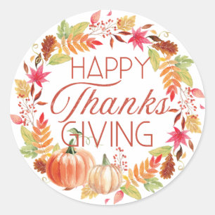 Happy Thanksgiving Floral Fall Wreath Classic Round Sticker
