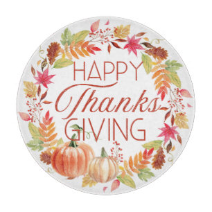 Happy Thanksgiving Floral Fall Wreath Cutting Board