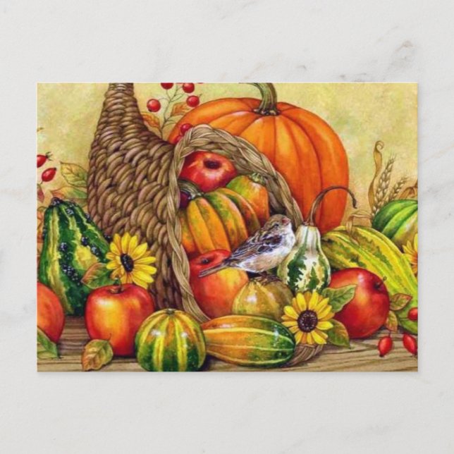 happy thanksgiving floral fruit arrangement holiday postcard (Front)