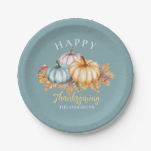 Happy Thanksgiving floral pumpkins blue Paper Plate