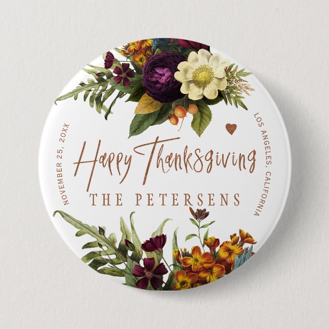 Happy Thanksgiving floral typography family name 7.5 Cm Round Badge (Front)