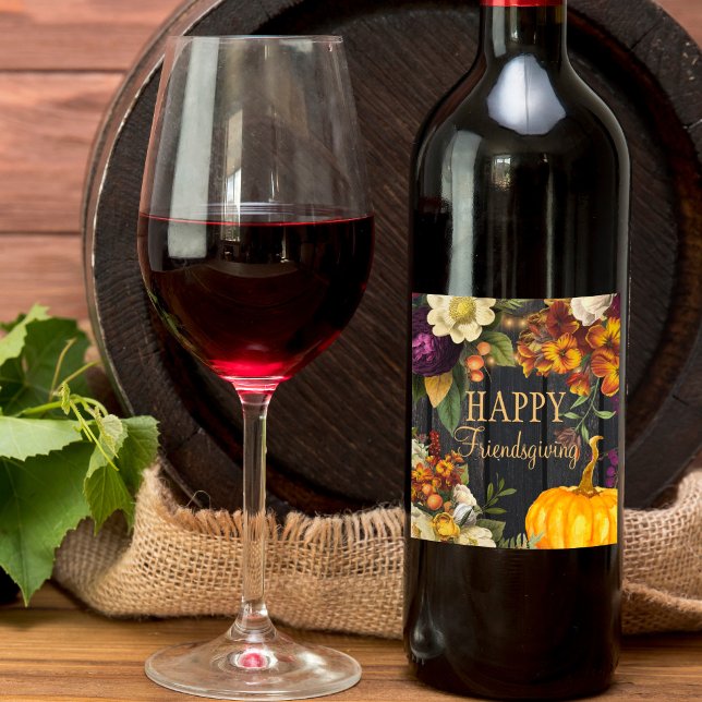 Happy Thanksgiving Friendsgiving fall floral Wine Label (Creator Uploaded)