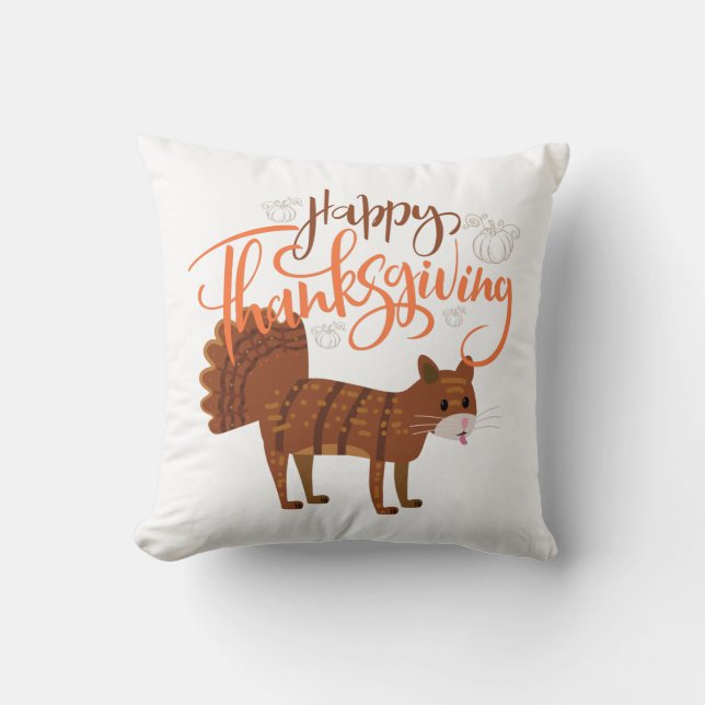 Happy Thanksgiving Funny Cat Turkey Cushion (Front)