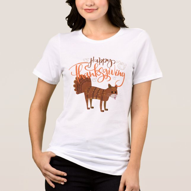 Happy Thanksgiving Funny Cat with Turkey Tail Tri-Blend Shirt (Front)