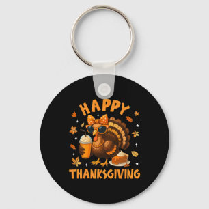 Happy Thanksgiving Funny Turkey Drinking Coffee Bo Key Ring