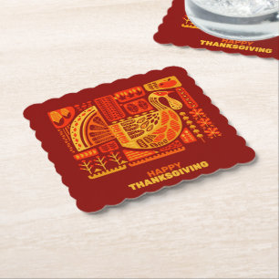 Happy Thanksgiving Geometric Abstract Orange Brown Paper Coaster