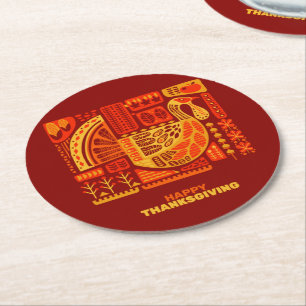 Happy Thanksgiving Geometric Abstract Orange Brown Round Paper Coaster