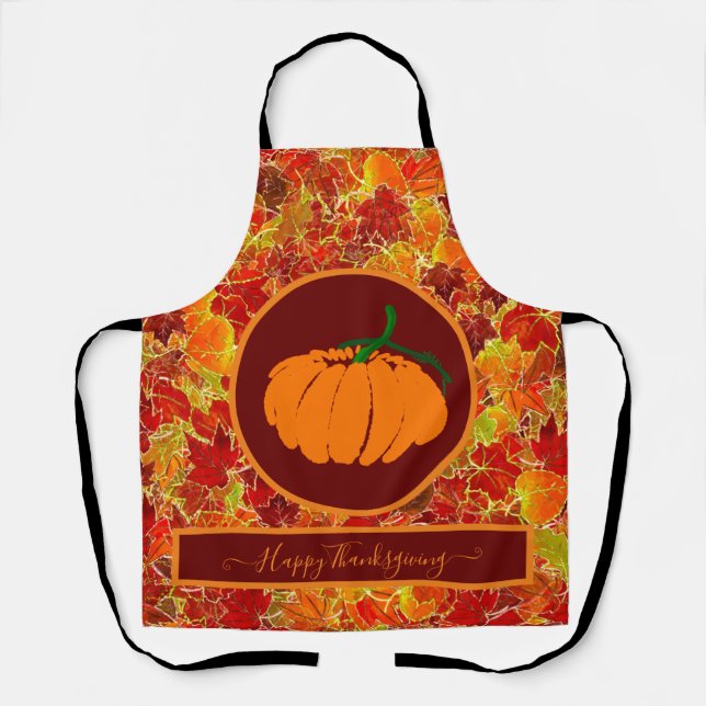 Happy Thanksgiving! Glittery Maple Leaves/Pumpkin Apron (Front)