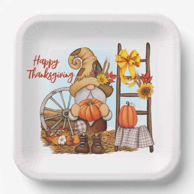 Happy Thanksgiving Gnome Paper Plate (Front)