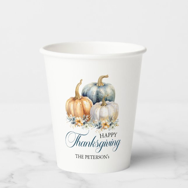 Happy Thanksgiving Gold Orange Blue Pumpkins Paper Cups (Front)