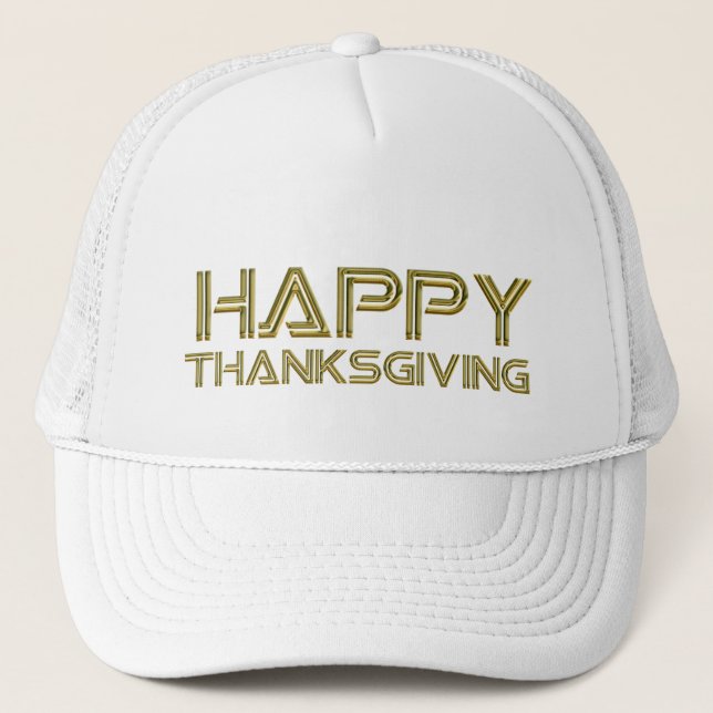 Happy Thanksgiving Gold Typography White Elegant Trucker Hat (Front)