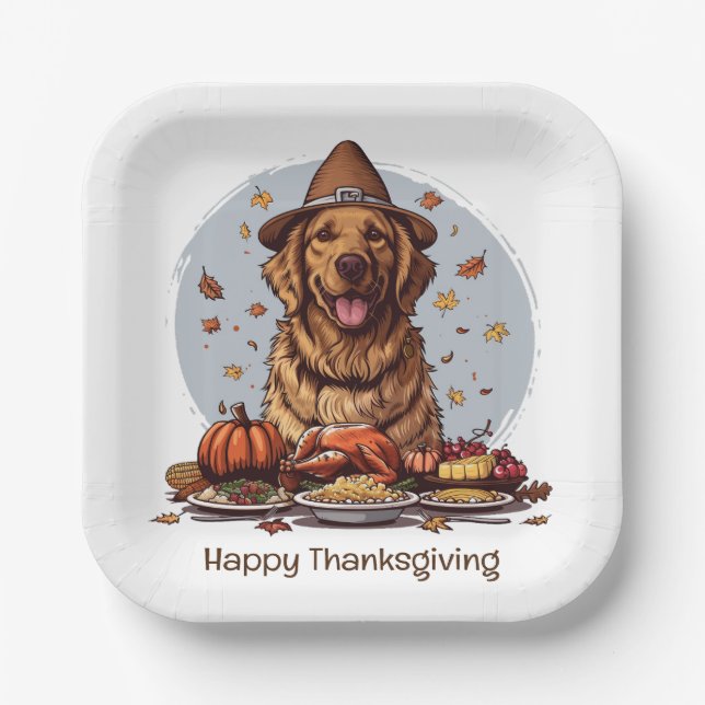 Happy Thanksgiving Golden Retriever Dog Paper Plate (Front)