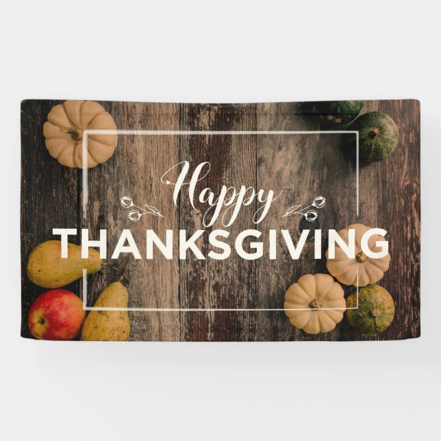 Happy Thanksgiving Gourds on Rustic Wood Banner (Horizontal)