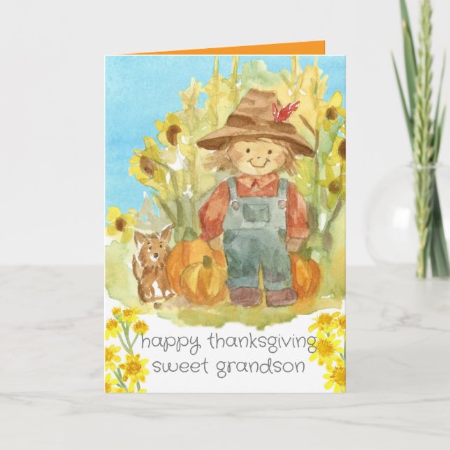 Happy Thanksgiving Grandson Farmer Boy Puppy Dog Card (Front)