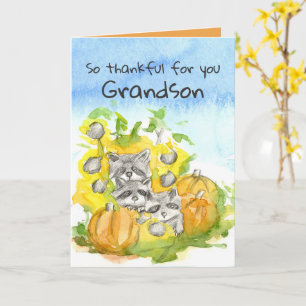 Happy Thanksgiving Grandson Racoon Woodland Card