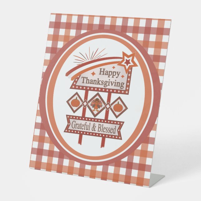 Happy Thanksgiving Grateful & Blessed Retro Sign (Front)