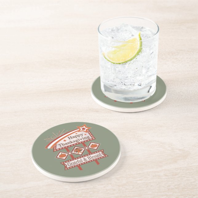 Happy Thanksgiving Grateful & Blessed Retro Sign Coaster (Side)