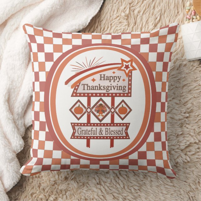Happy Thanksgiving Grateful & Blessed Retro Sign Cushion (Blanket)