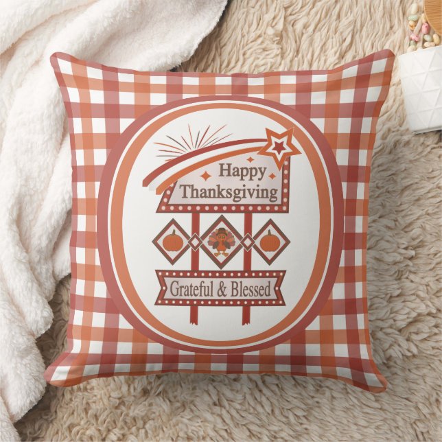 Happy Thanksgiving Grateful & Blessed Retro Sign Cushion (Blanket)