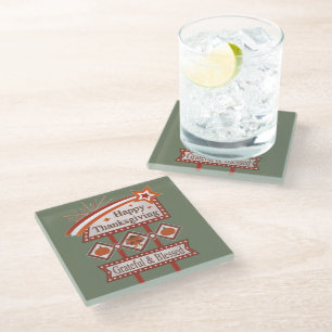 Happy Thanksgiving Grateful & Blessed Retro Sign Glass Coaster