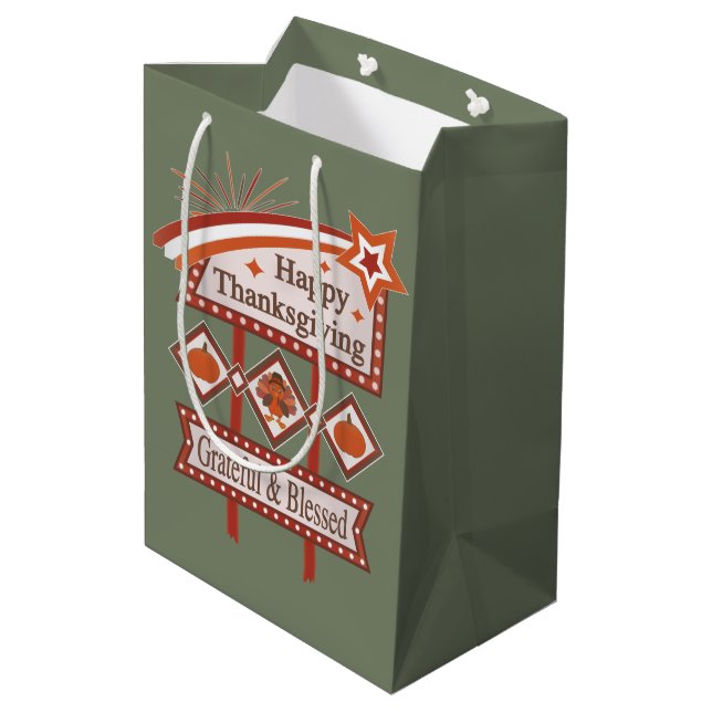 Happy Thanksgiving Grateful & Blessed Retro Sign Medium Gift Bag (Back Angled)