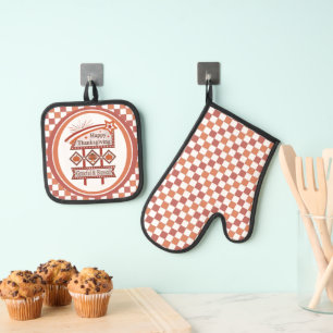 Happy Thanksgiving Grateful & Blessed Retro Sign Oven Mitt & Pot Holder Set