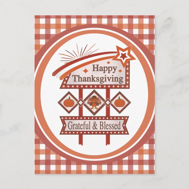 Happy Thanksgiving Grateful & Blessed Retro Sign Postcard (Front)