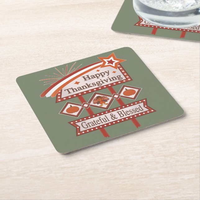 Happy Thanksgiving Grateful & Blessed Retro Sign Square Paper Coaster (Angled)