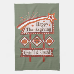 Happy Thanksgiving Grateful & Blessed Retro Sign Tea Towel