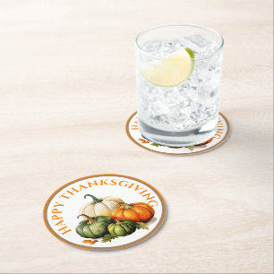 HAPPY THANKSGIVING, GREEN ORANGE & WHITE PUMPKINS ROUND PAPER COASTER
