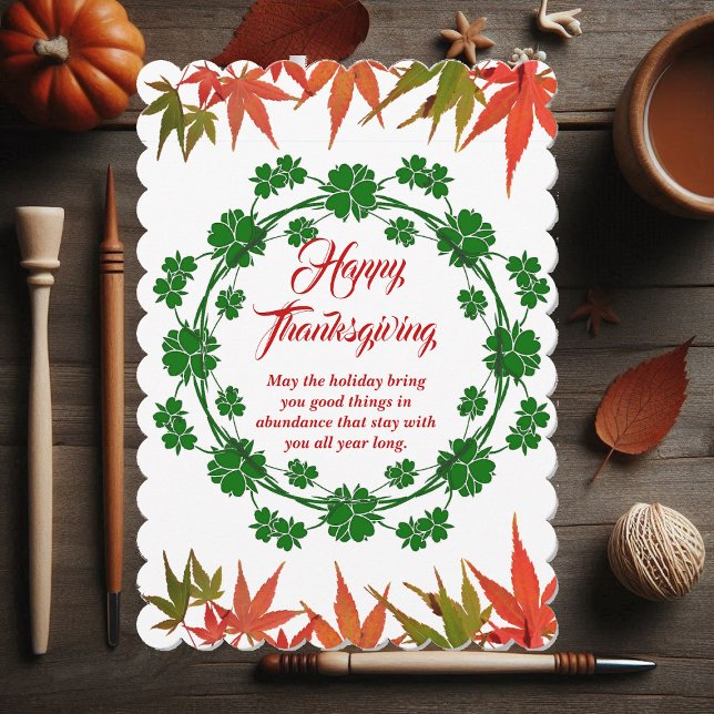 Happy Thanksgiving Green Wreath Maple Leaves    Holiday Card (Happy Thanksgiving Green Wreath Maple Leaves Holiday Card)